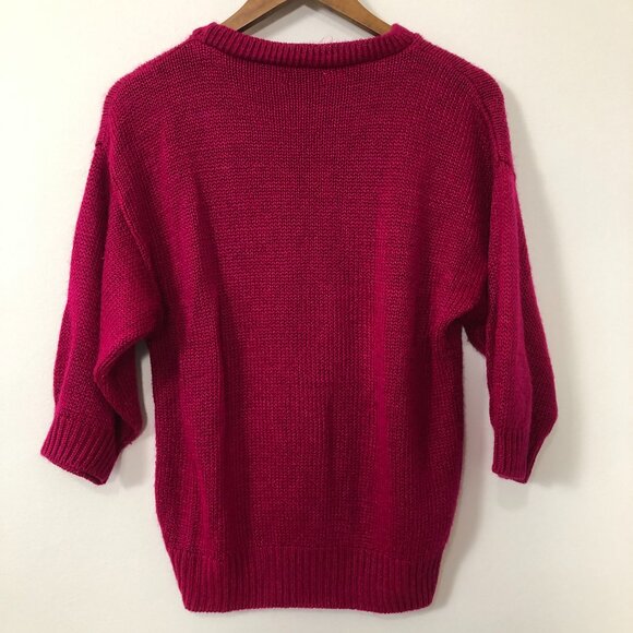 VTG 80s Garland Fuchsia Knit Sweater Tag L (Fit M) Pocket Detail Retro Fuzzy USA - Picture 7 of 11